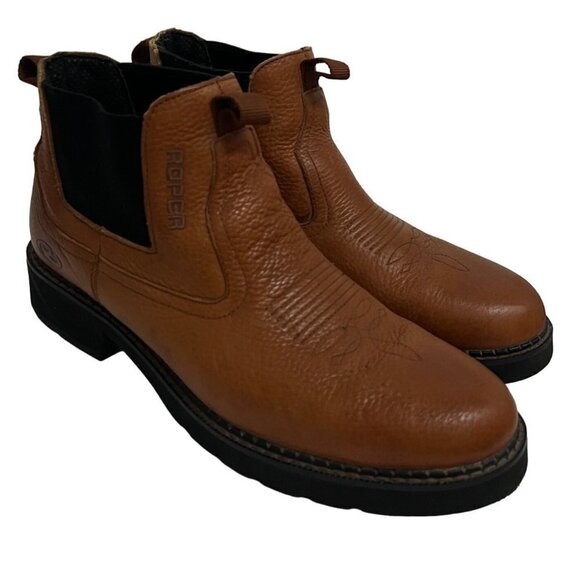 Roper Mens Brown Leather Lucas Ankle Boots US 10.5 Pull On Non Slip Comfort New - Picture 1 of 14